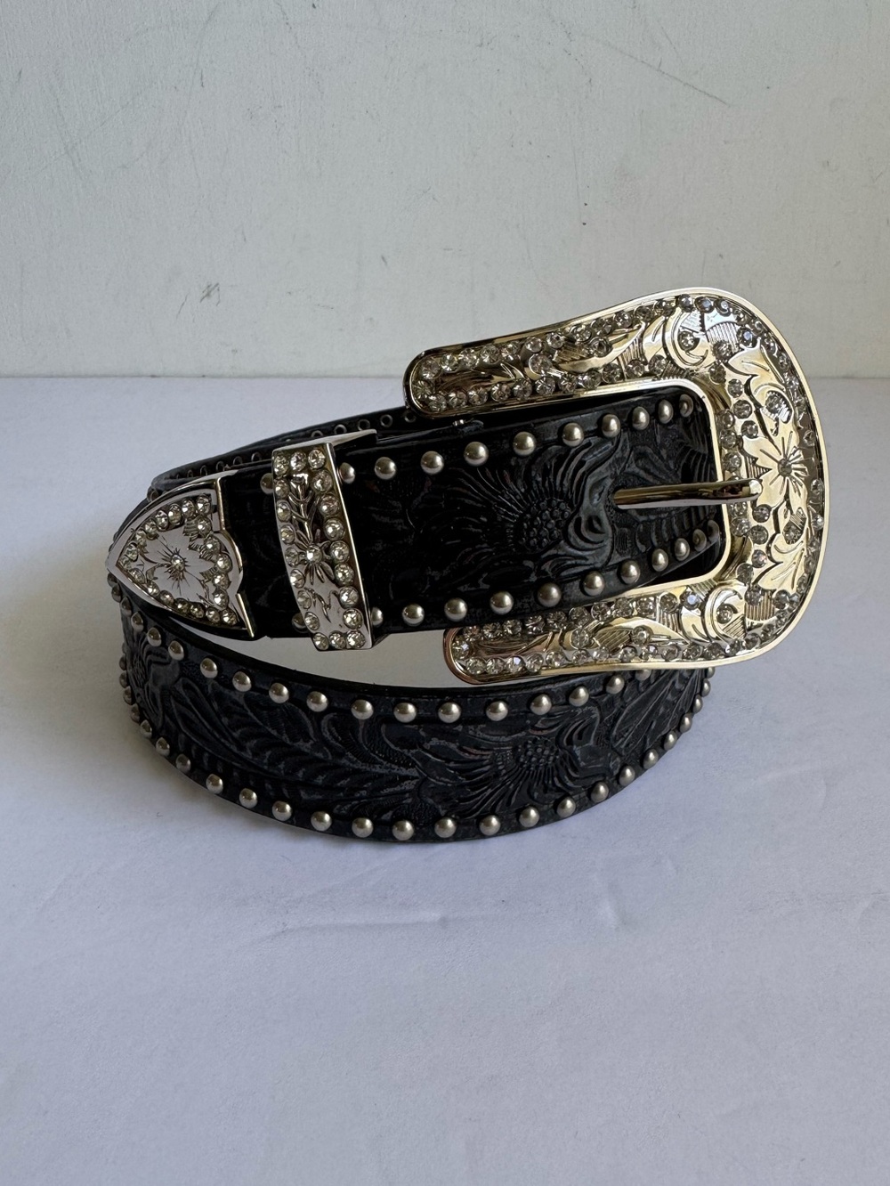 Black Leather Rhinestone Belt Crystal Festival Western Cowgirl Tooled Large - Picture 12 of 12